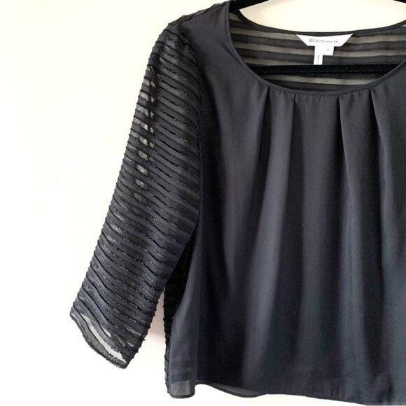 BCBG Women’s Blouse Sheer Striped Sleeve Top 3/4 Length Sleeve Black Size Small - Picture 5 of 11